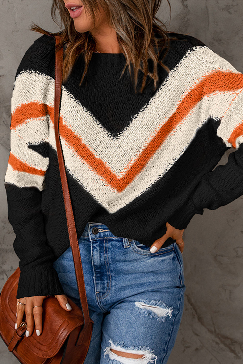 Beige Chevron Casual Drop Shoulder Knit Sweater