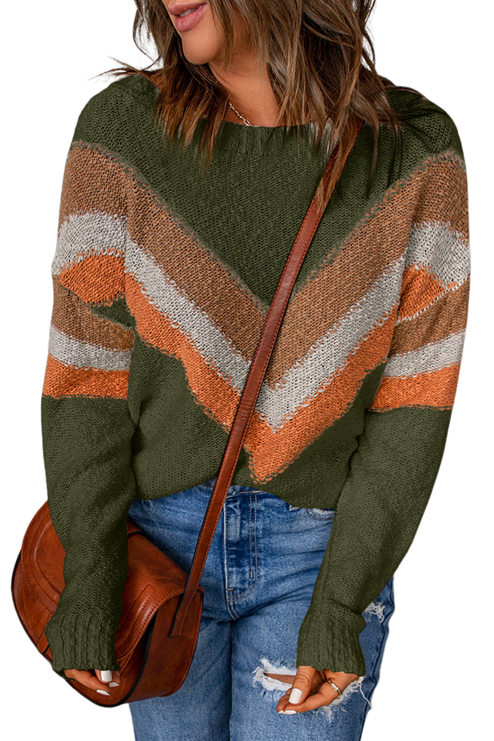 Beige Chevron Casual Drop Shoulder Knit Sweater