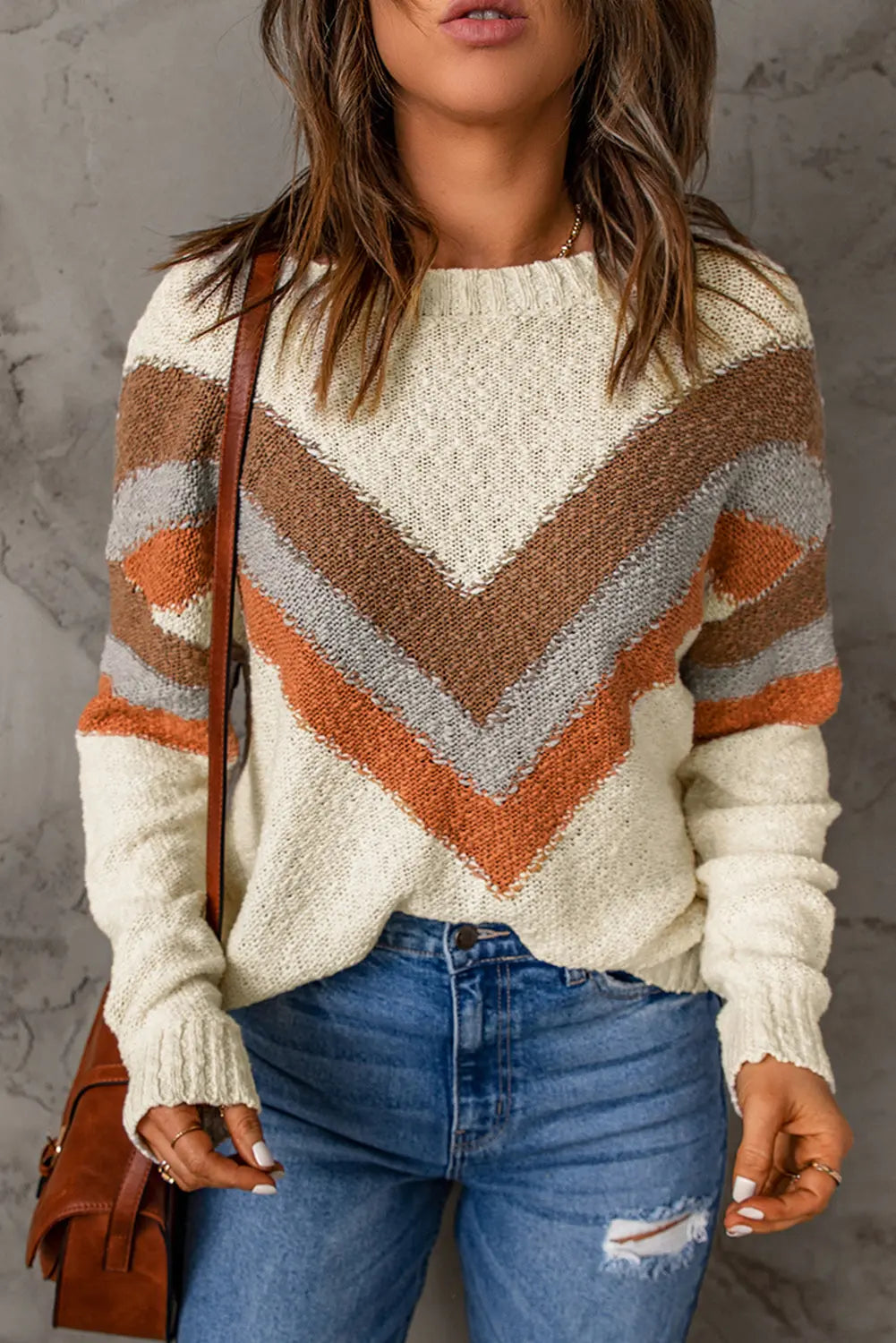 Beige Chevron Casual Drop Shoulder Knit Sweater Rite Choice Clothing