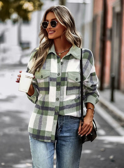 Button Down Brushed Plaid Coat Rite Choice Clothing
