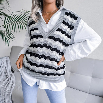 Casual V-Neck Openwork Striped Vest Sweater Rite Choice Clothing