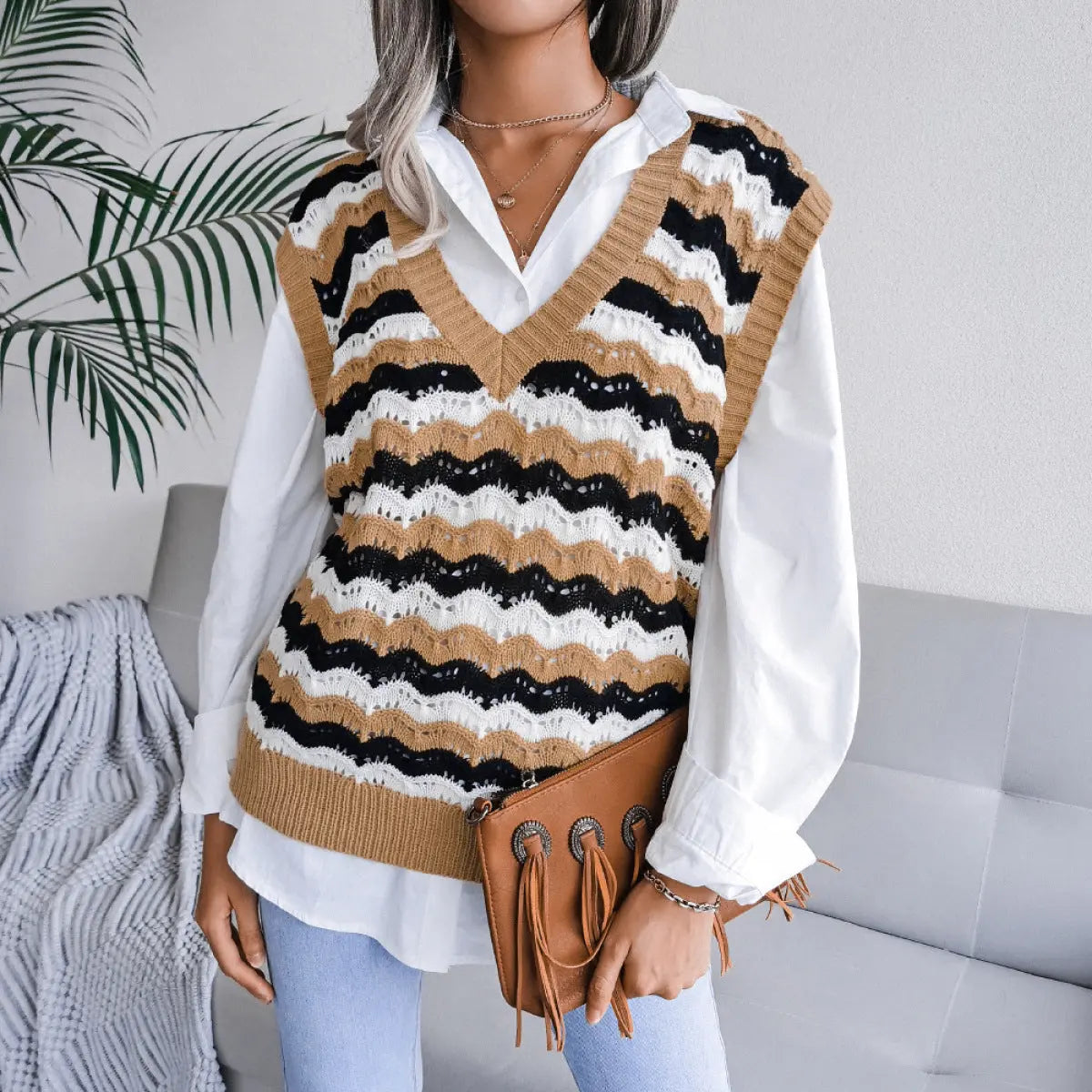 Casual V-Neck Openwork Striped Vest Sweater Rite Choice Clothing