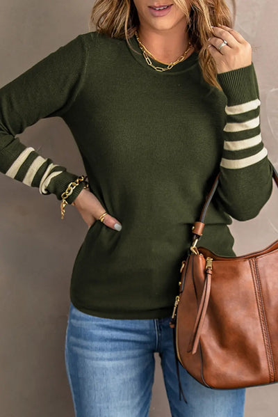 Green Casual Crew Neck Striped Sleeve Knit Sweater Rite Choice Clothing
