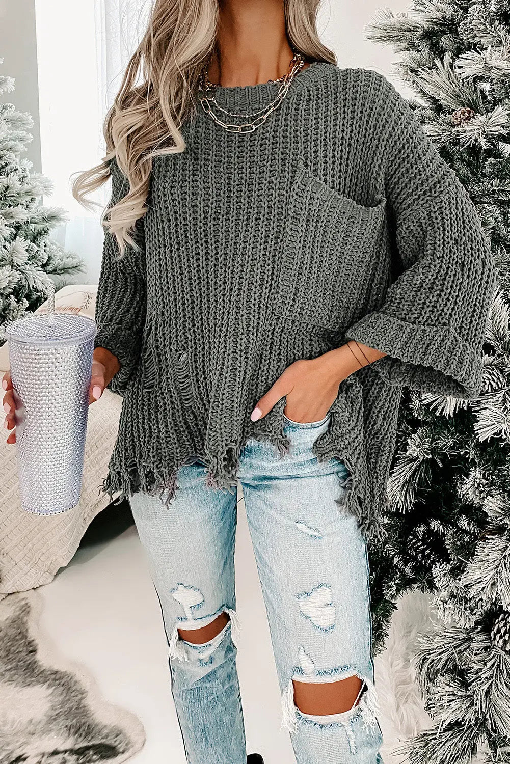 Grey Pocket Ripped Raw Hem Chunky Pullover Sweater Rite Choice Clothing