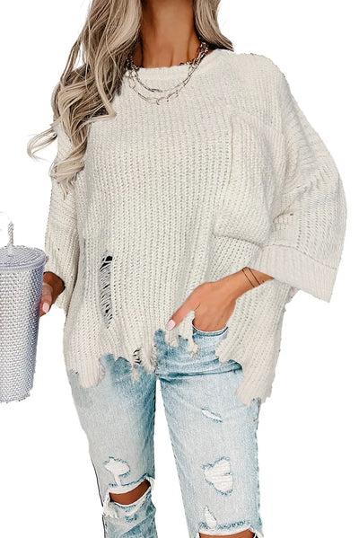 Grey Pocket Ripped Raw Hem Chunky Pullover Sweater Rite Choice Clothing