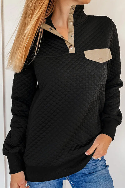 Grey Stand Collar Brown Quilted Snap Button Sweatshirt Rite Choice Clothing