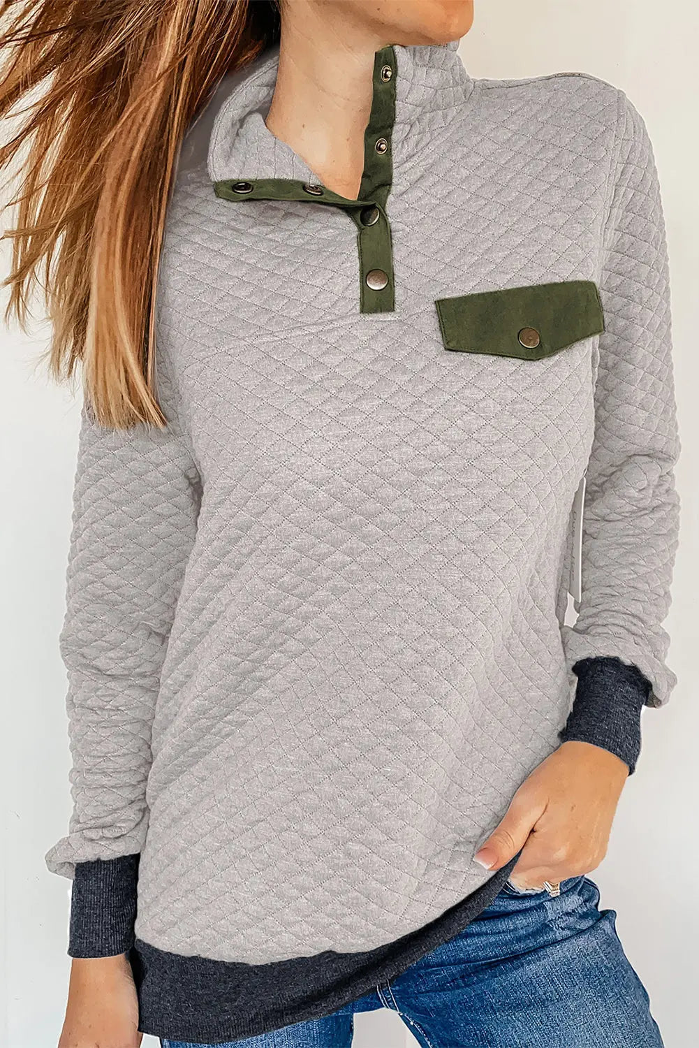 Grey Stand Collar Brown Quilted Snap Button Sweatshirt Rite Choice Clothing