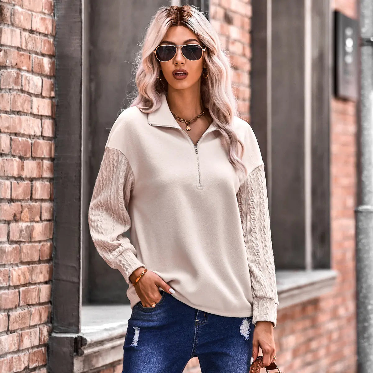 Long Cable Knitted Sleeve Sweatshirts Rite Choice Clothing