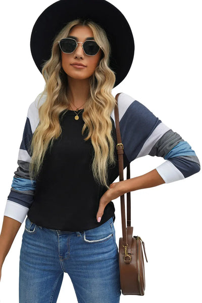 Monochrome Plaid Long Sleeves Black Pullover Top Rite Choice Clothing