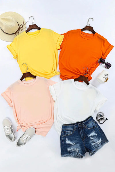 Pink Casual Solid Color Crew Neck Tee Rite Choice Clothing