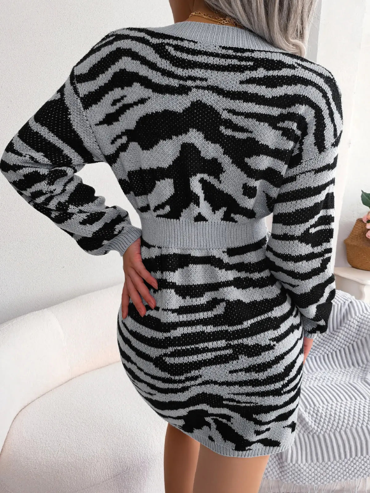 Tiger Pattern Cinched Waist Sweater Dress Rite Choice Clothing