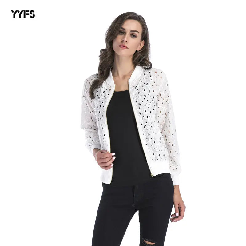 Amazon ebay cross-border autumn 2021 thin PU leather stitching jacket female hollow solid color sunscreen clothing Europe and America