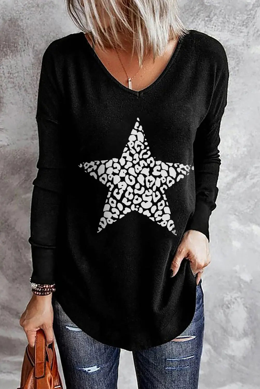 Animal Print Star Shaped Polyester Long Sleeve Shirt