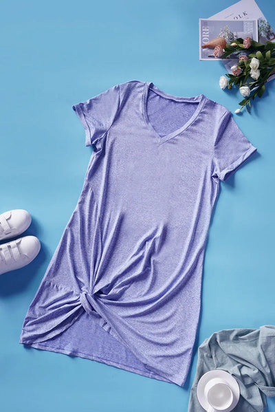 Asymmetrical Twist Hem V Neck Blue Casual T Shirt Summer Dress
