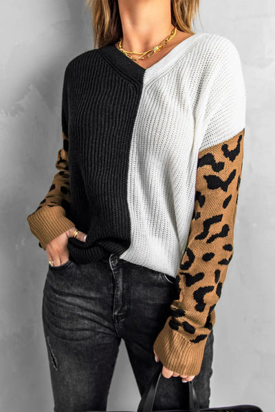 Black Color Block Cheetah Print Sleeve V Neck Sweater