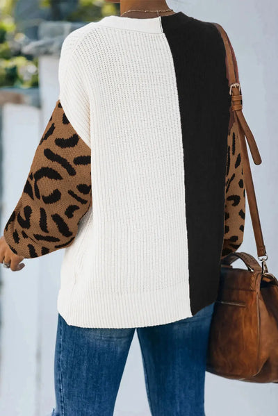 Black Color Block Cheetah Print Sleeve V Neck Sweater