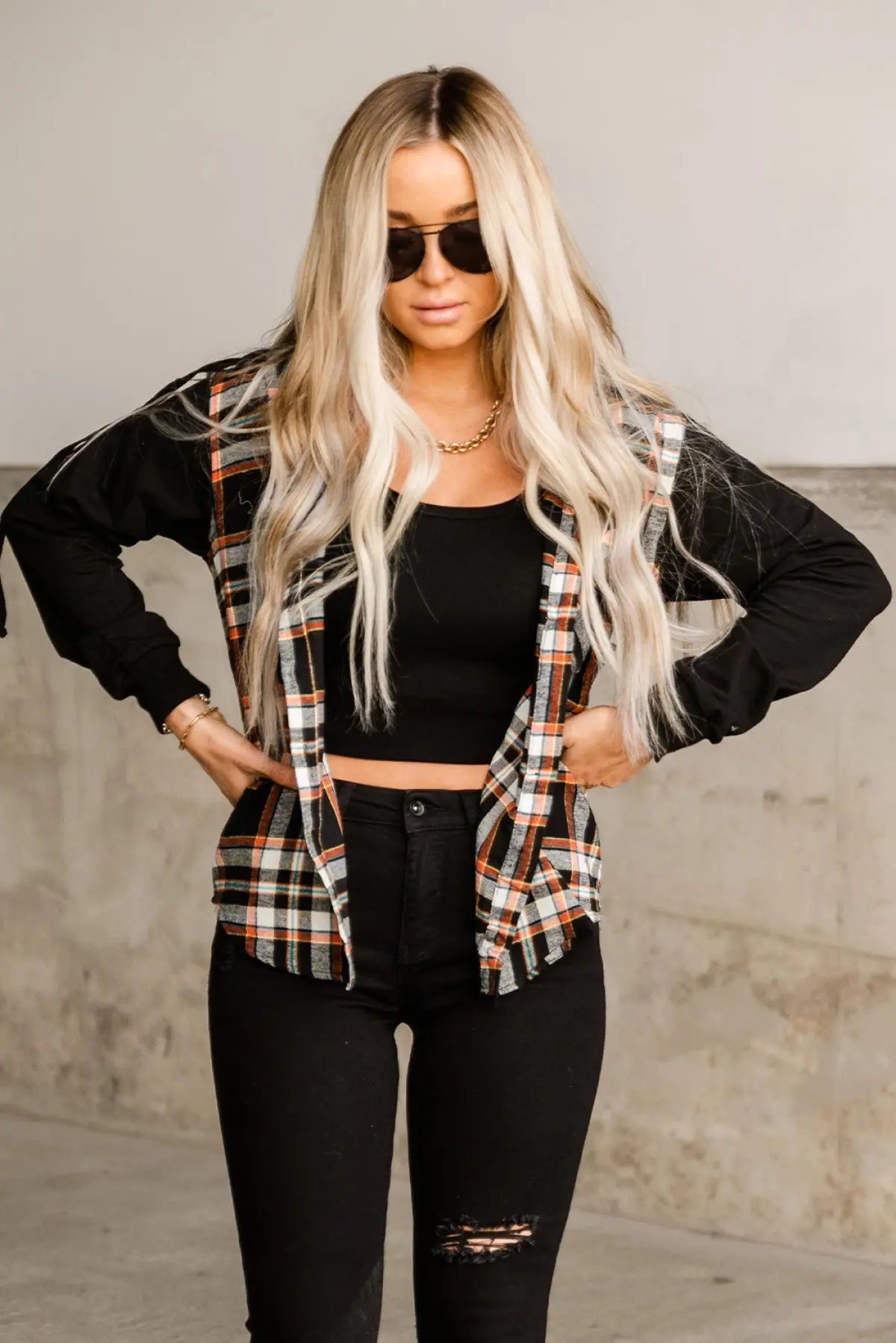 Black Plaid Buttons Hooded Jacket Rite Choice Clothing