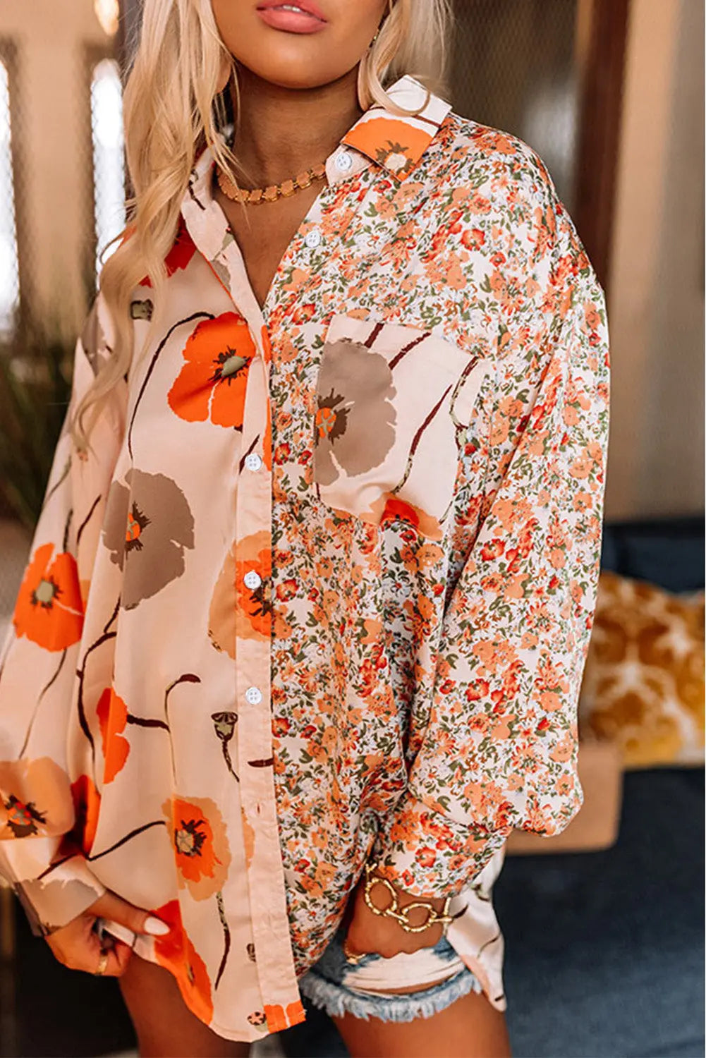Bohemian Floral Pockets Patchwork Button Up Shirt - Orange - Polyester