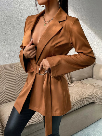 Brown Lapel Neck Belted Blazer Rite Choice Clothing