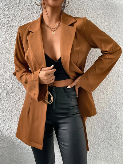 Brown Lapel Neck Belted Blazer Rite Choice Clothing