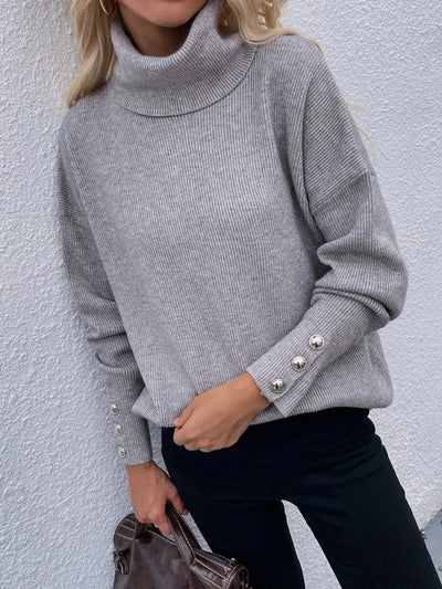 Button Detail Rib-Knit Turtleneck Sweater Rite Choice Clothing