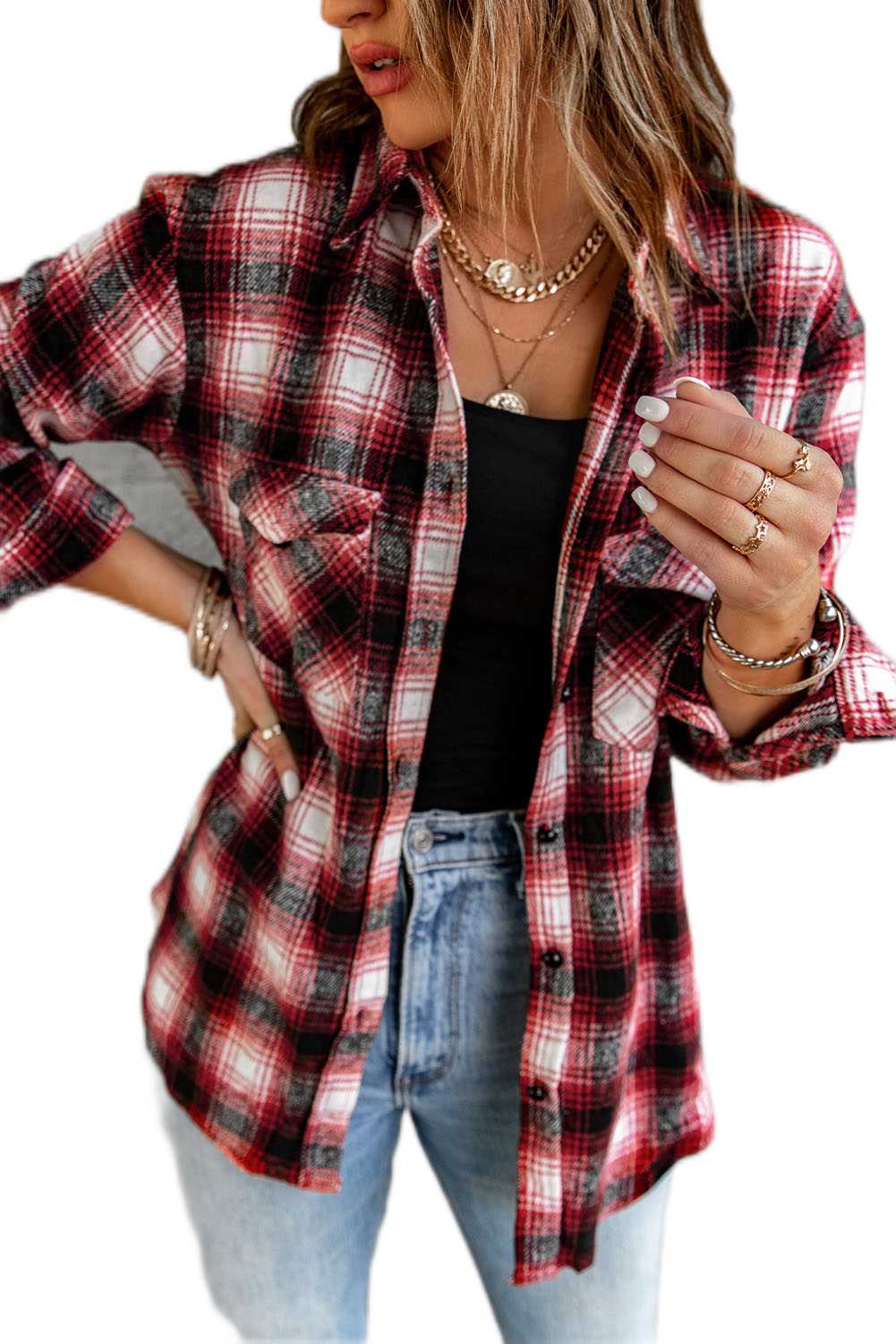 Button Up Collared Plaid Shirt for Women - Red-1 - 95%POLYESTER+5%ELASTANE