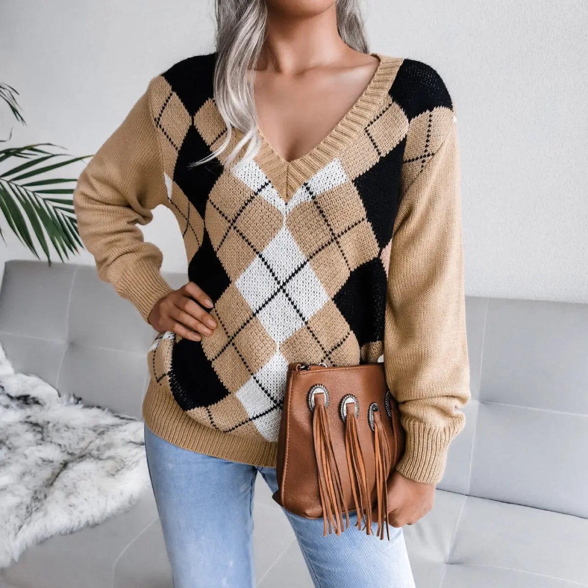 Casual Argyle V-Neck Pullover Knit Sweater