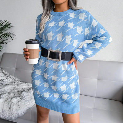 Casual Lantern Sleeves Houndstooth Knitted Mini Dress