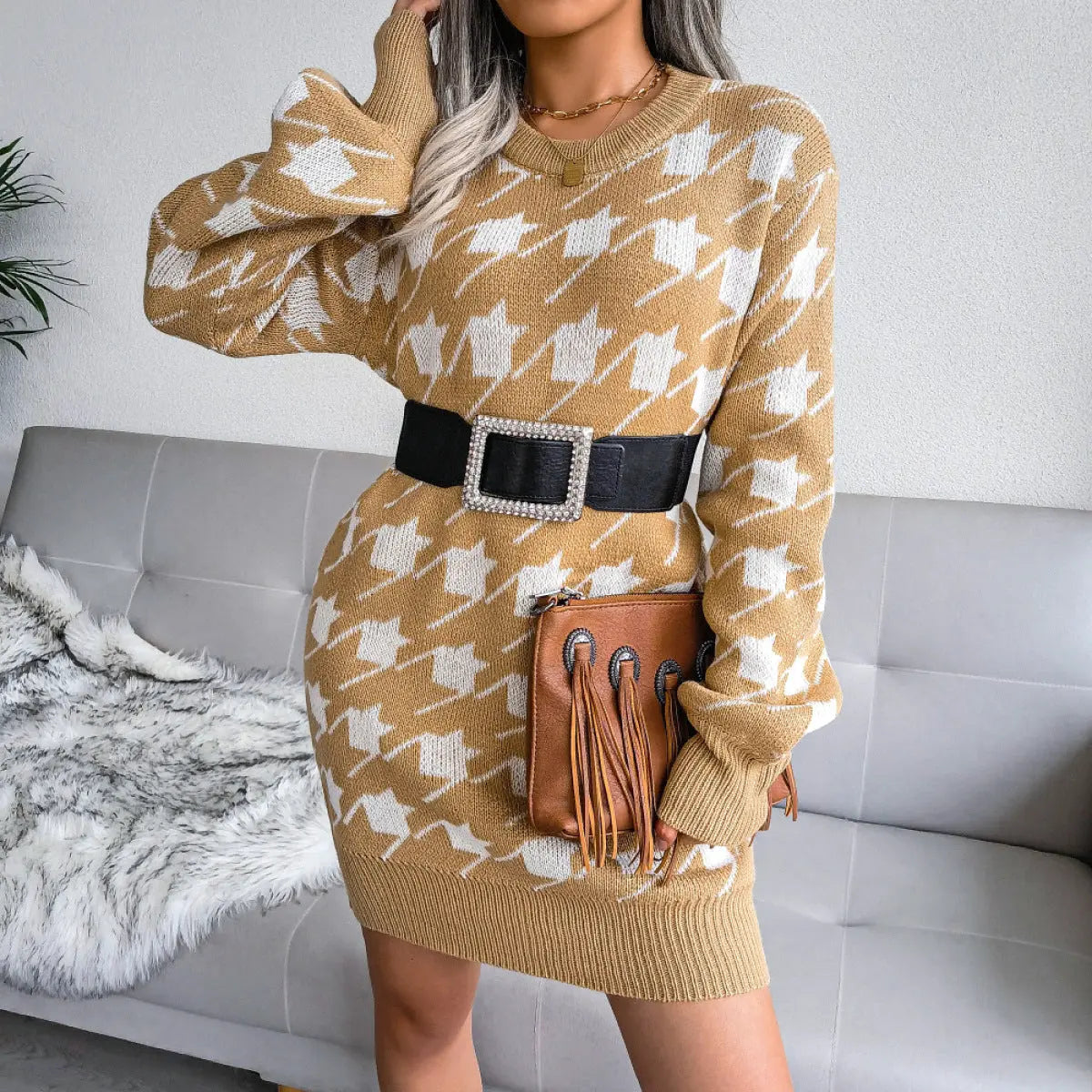 Casual Lantern Sleeves Houndstooth Knitted Mini Dress