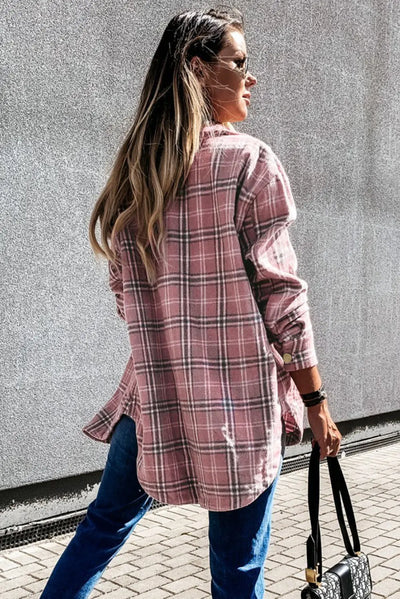 Casual Plaid Pattern Buttoned Shirt Jacket with Slit