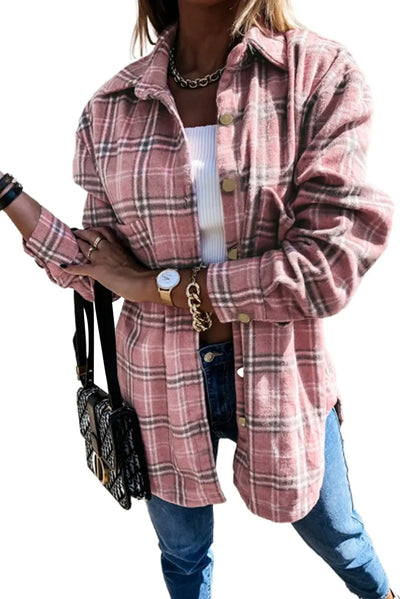 Casual Plaid Pattern Buttoned Shirt Jacket with Slit