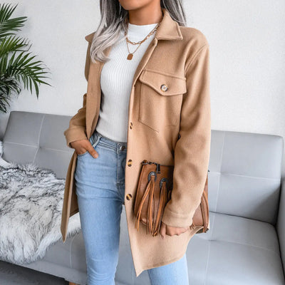 Casual Single-Breasted Collared Coat With Belt