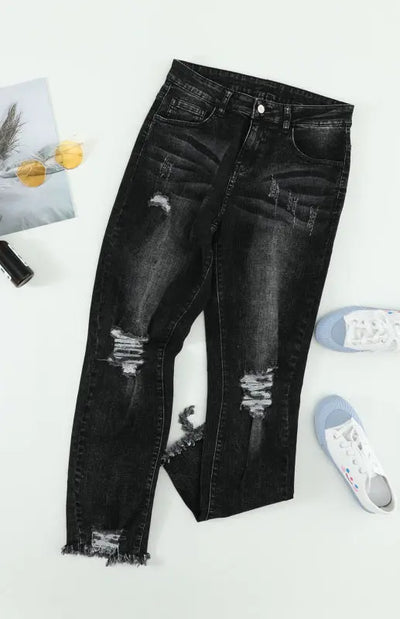 Classic Medium Rise Ripped Slim Fit Washed Jeans