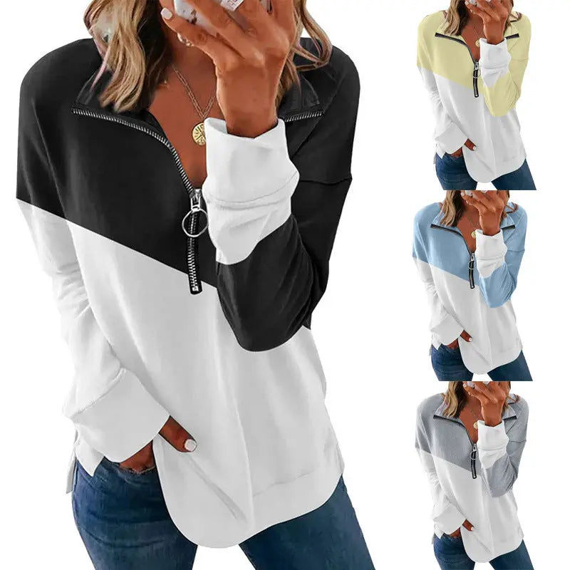 Contrast Color Zipper Pullover Long Sleeve