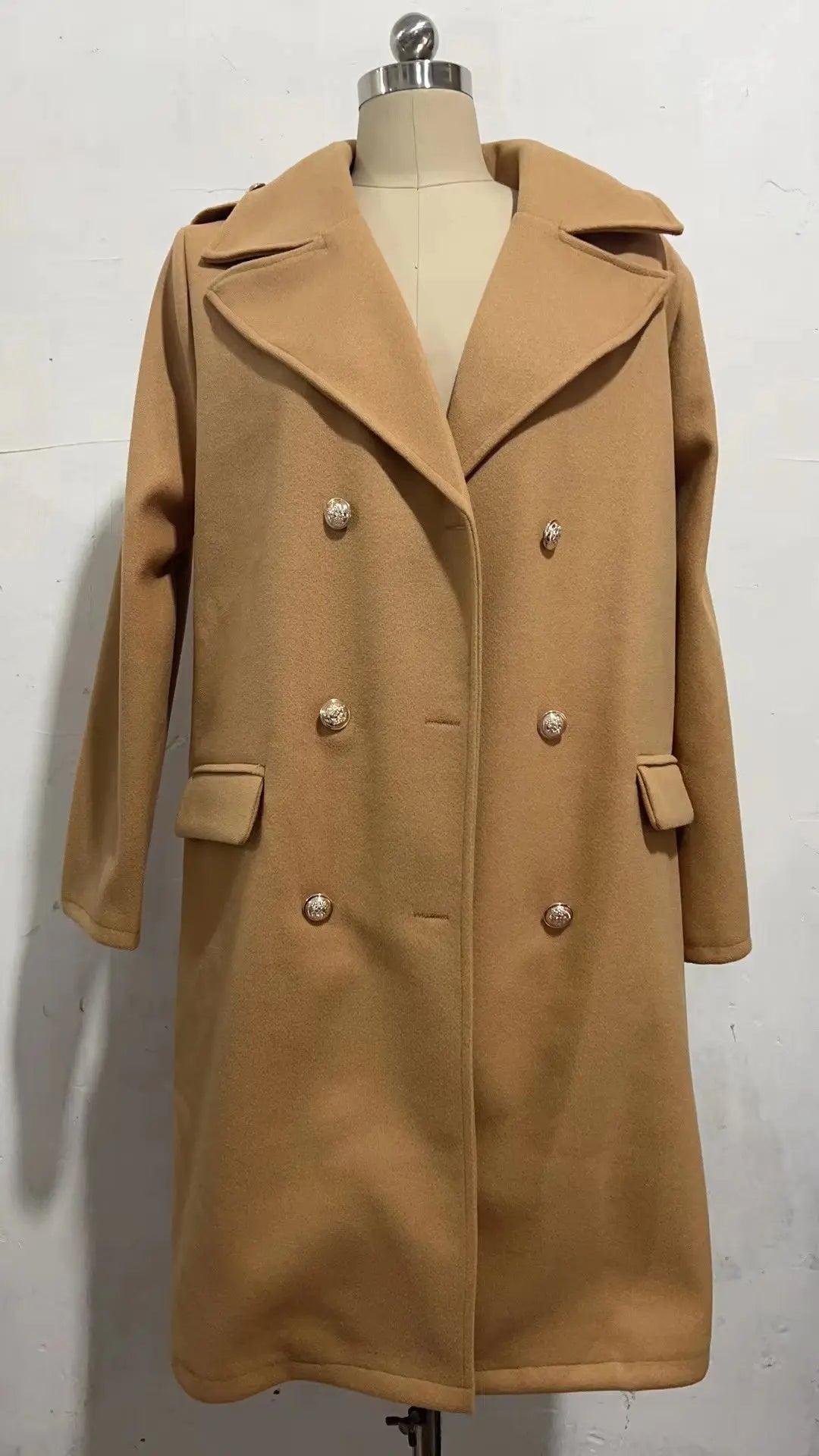 Double Row Button Medium Long Woolen Coat