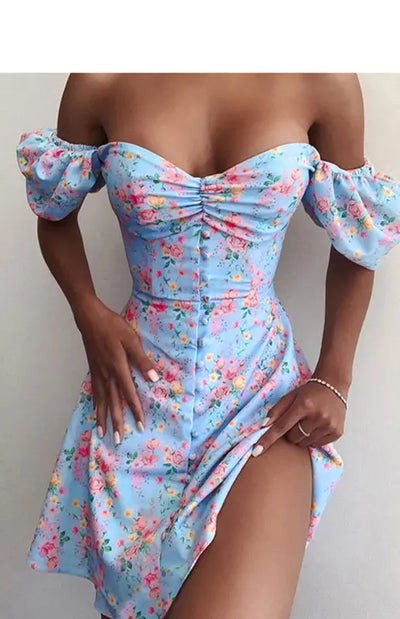 Flower-Wrapped Waist Dress With Lantern Sleeves