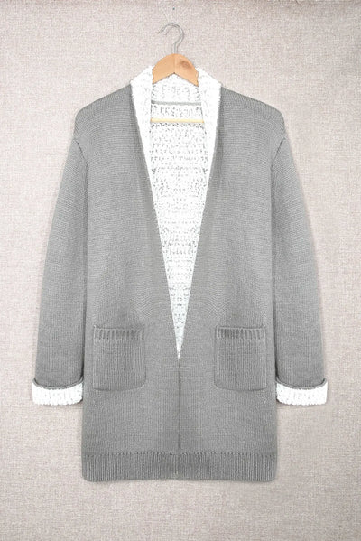 Gray Long Pocketed Open Front Knit Cardigan