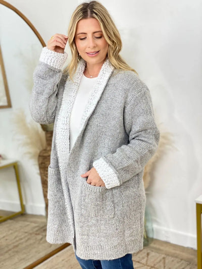 Gray Long Pocketed Open Front Knit Cardigan
