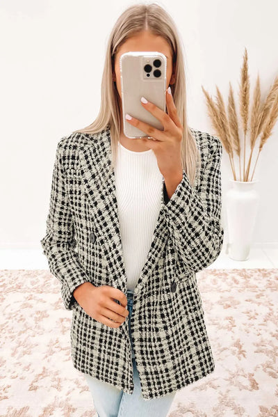 Lapel Collar Buttoned Gingham Blazer Rite Choice Clothing