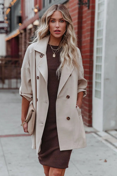 Lapel Collar Pocketed Buttoned Trench Coat Rite Choice Clothing