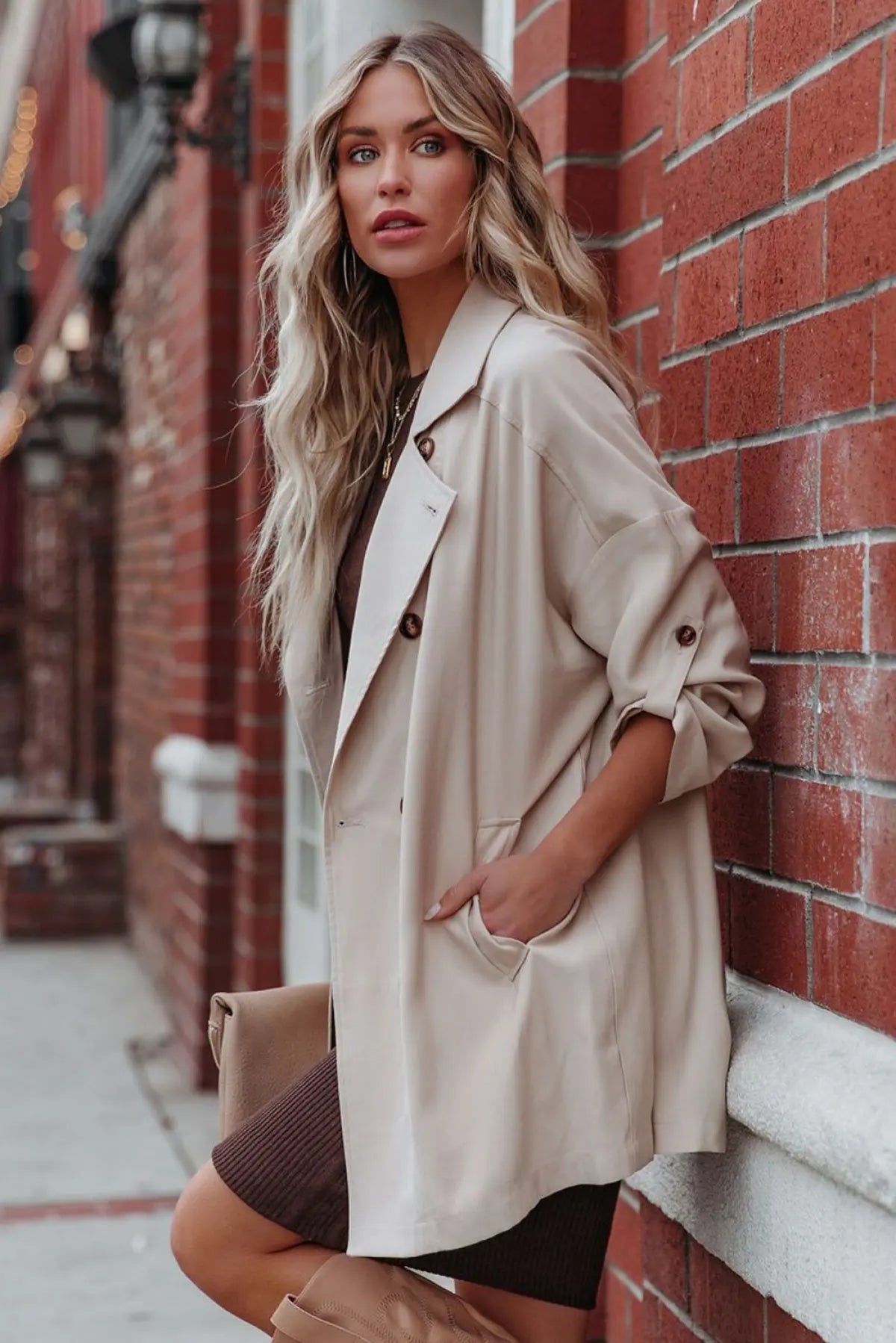 Lapel Collar Pocketed Buttoned Trench Coat Rite Choice Clothing
