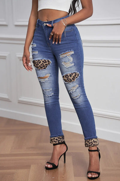 Leopard Patchwork Distressed Jeans Rite Choice Clothing