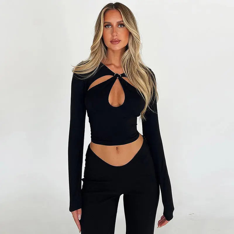 Long Sleeve Slim Hollow Out Cutout Cropped T shirt