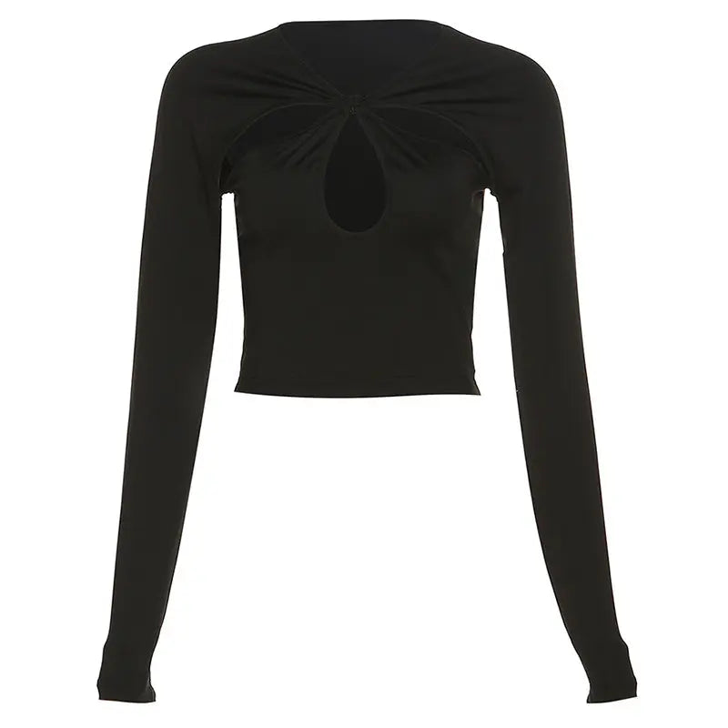Long Sleeve Slim Hollow Out Cutout Cropped T shirt