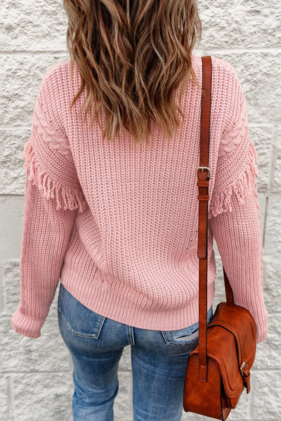 Mixed Textures Fringe High Neck Sweater