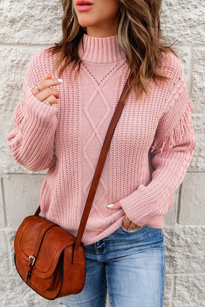 Mixed Textures Fringe High Neck Sweater