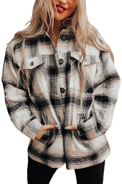 Plaid Casual Pocket Button Fleece Lining Jacket