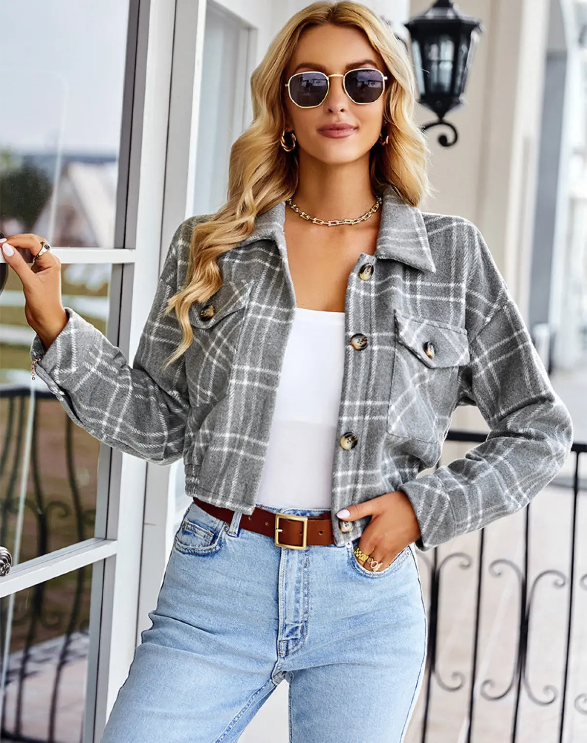 Plaid Print Single-Breasted Cropped Jacket