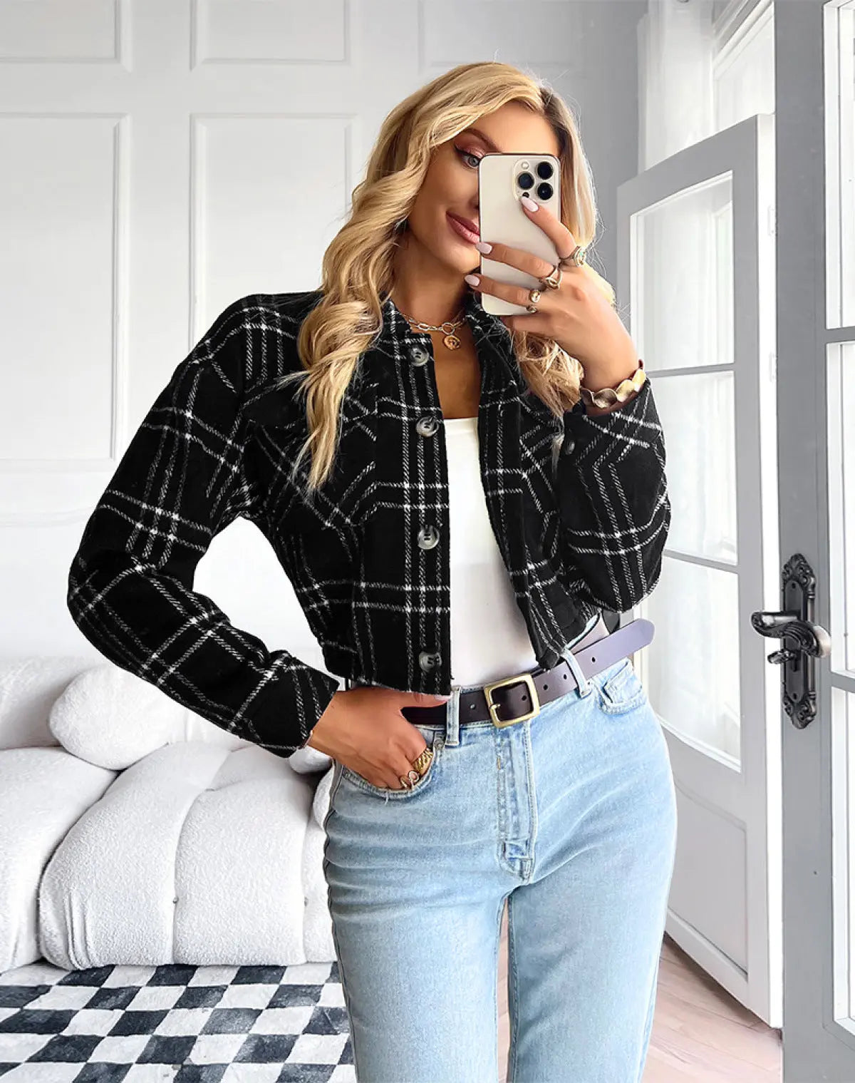 Plaid Print Single-Breasted Cropped Jacket