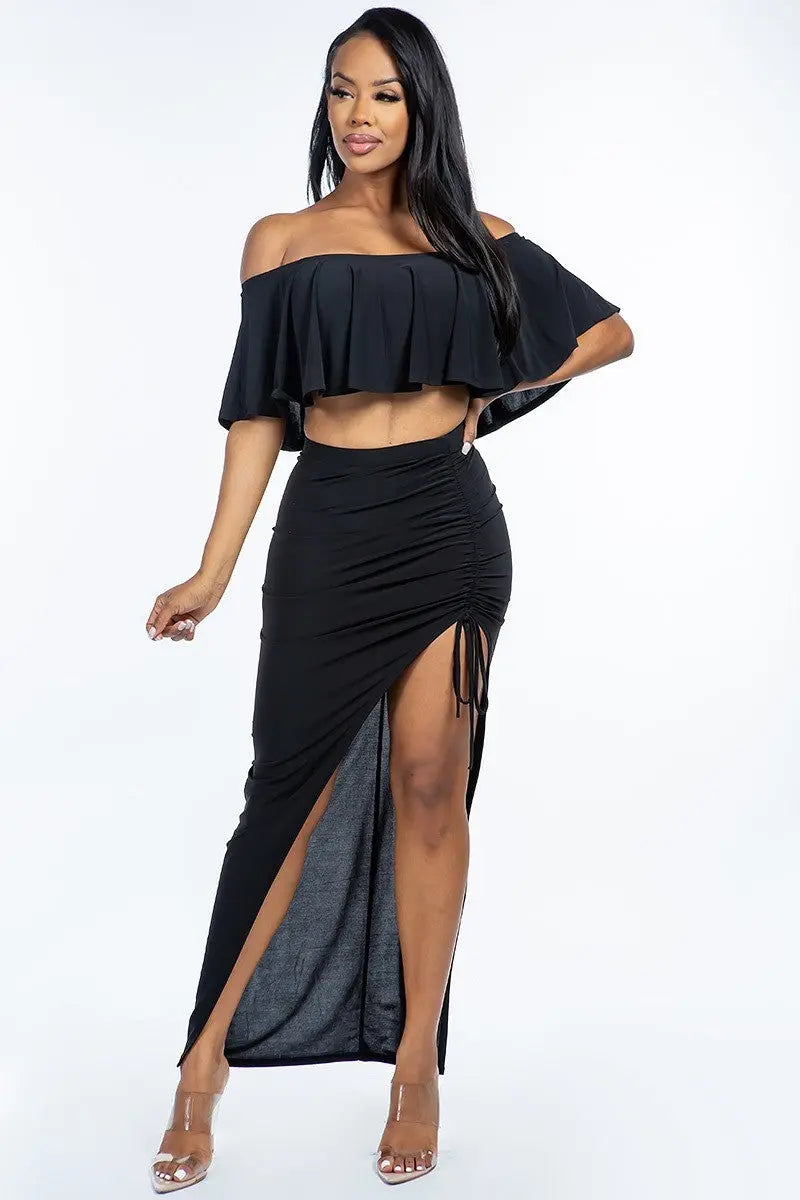 Ruffled Cropped Top And Ruched Maxi Skirt Set